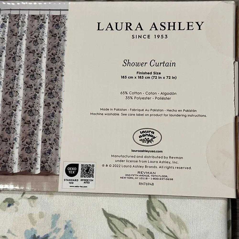 LAURA ASHLEY Shower Curtain Blue Floral Green Leaves 72